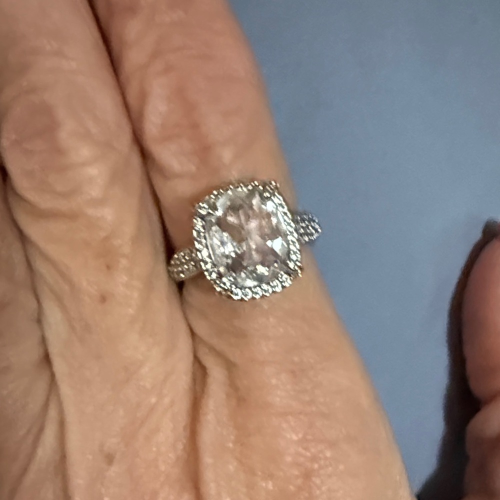 Silver CZ Cushion Halo Ring with Pavé Band